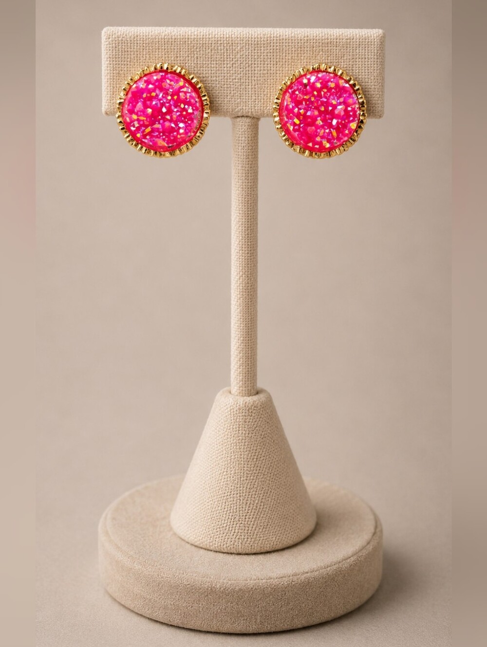 Plunder Gold-Tone Hot Pink Druzy Round Stud Earrings - NIP